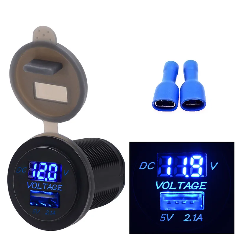 

2in1 Led DC12V-24V 2.1A Universal Car Charger USB Port Phone Voltmeter For Car Motorcycle Waterproof(Blue)