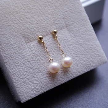 

Lii Ji Natural Near round White Color Freshwater Pearl 925 Sterling Silver Gold Color Stud Long Earrings For Fashion Women