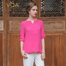 Voa классический Лето г. роза красная шелковая футболки Длинные рукава свободные шелковые Футболка женская изогнутые подол b1123