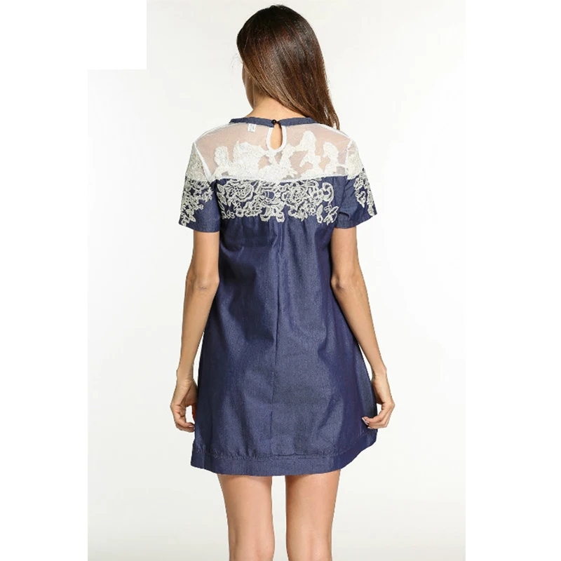 Plus Size S-5XL 2018 Summer Dress Women Mesh Splicing Embroidery Denim Dress Female Short Sleeves Loose O-Neck Jeans Dresses