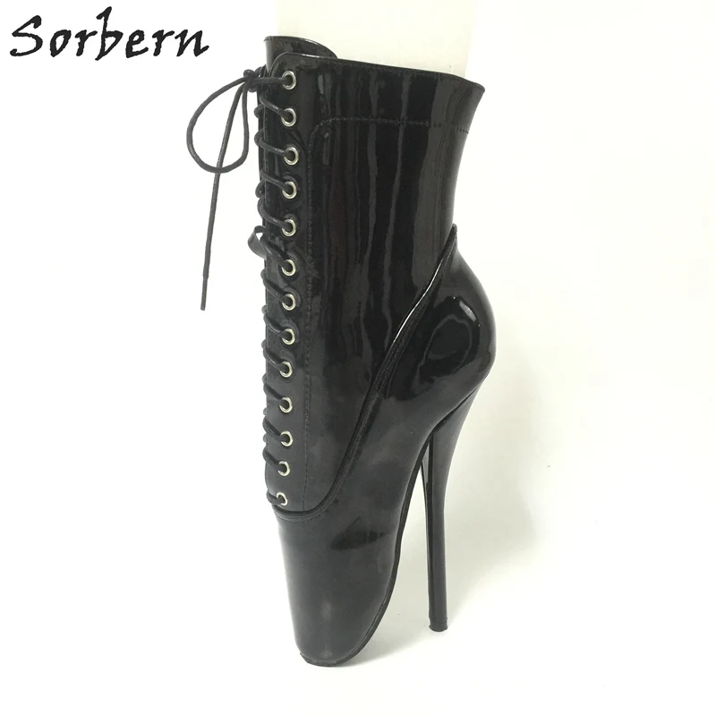 Sorbern Sexy Ballet High Heel 18cm Boots Ankle High Women Boots Lace Up Unisex Shoes Black Shiny Shoes Women Big Size 46 Custom sorbern black fetish sexy women shoes boots ankle high stilettos 2018 new women shoes custom colors slip on heel shoes women