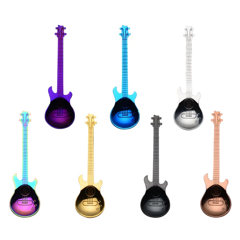 

100PCS Creative Music Guitar Stainless Steel Coffee Spoon Mirror Polish For Tea Party Mini Coffee Scoops Cafe Kitchen Tools Set