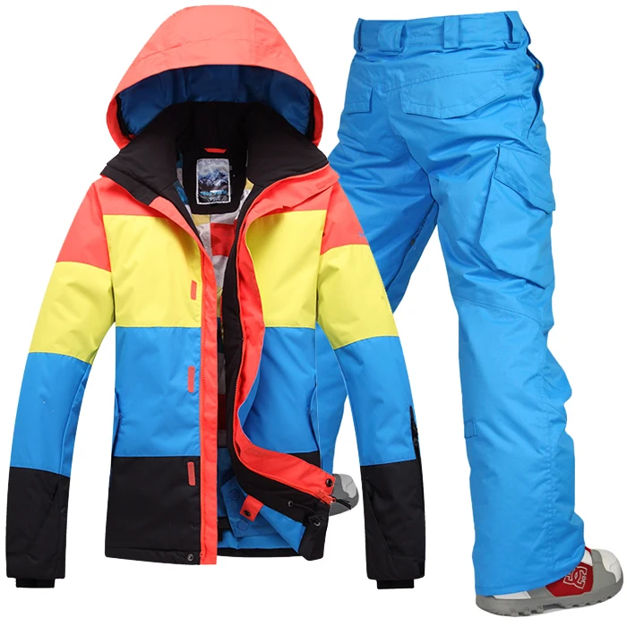 

2014 Gsou snow mens ski suit set male skiing suit color matching ski jacket and blue pants waterproof 10K free ship by EMS