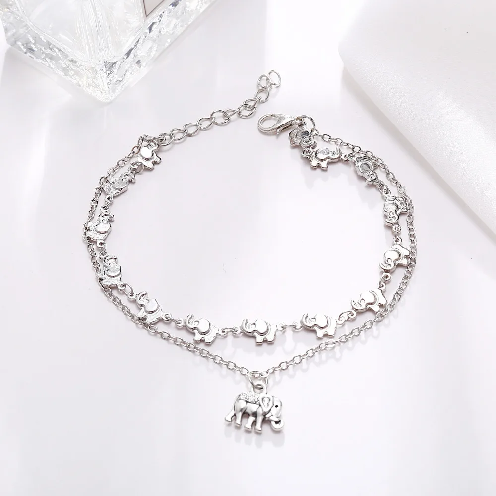 DoreenBeads Серебряный слон ножные браслеты с цепочкой набор для женщин богемный 2 слоистых старинный серебряный Слон Шарм украшения для лодыжки, 1 комплект