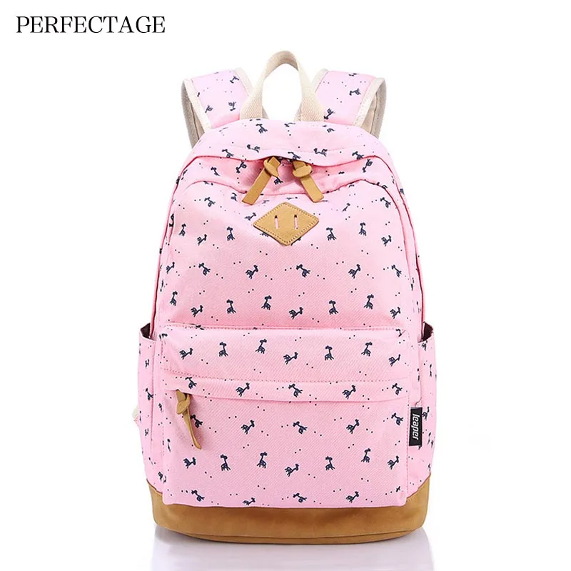 

PERFECTAGE Brand Pink Preppy School Backpacks for Teenage Girls Mochila Escolar Canvas Giraffe Printing Backpack Schoolbags