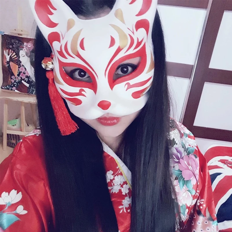

Japanese Private custom wind fox mask painted cat Natsume's Book of Friends pulp fox half face mask cosplay Halloween DIY