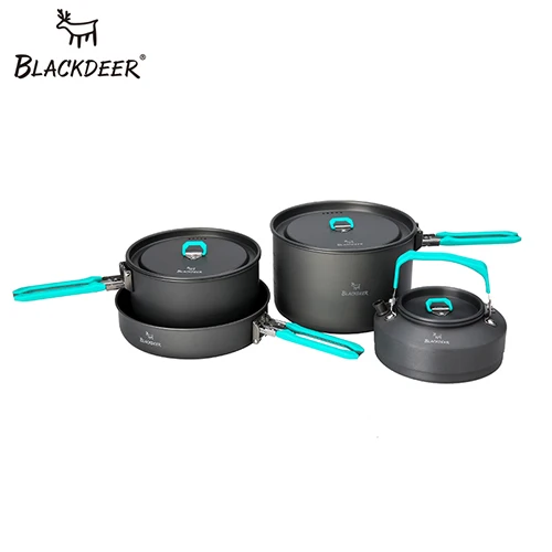 BLACKDEER походный набор посуды для пикника, альпинизма, 2 горшка, 1 сковорода, 1 чайник из глинозема, прочная кухонная утварь, складной набор для приготовления пищи - Цвет: black