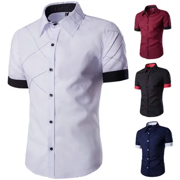 

Short Sleeves Shirt Man Spring And Autumn Leisure Lattice Routing Design New Solid Color Button Lapel Fashion Slim Fit