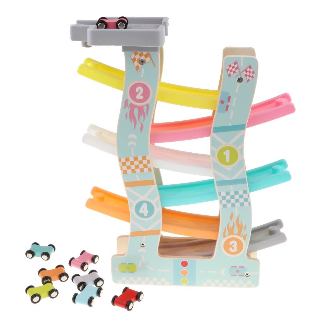 Wooden Slider Click Clack Race Track Playset with 6 Race Cars, Kids Toddlers Preschool Educational Toy, 6 Levels