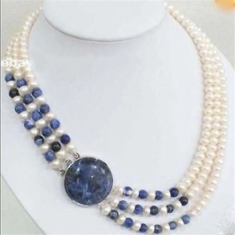 

3 Rows Natural 7-8mm White Cultivation Pearl & Lapis lazuli Round Beads Necklace