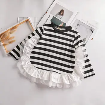 

Children Mesh Spliced Tee Shirts Baby Girls clothes 2019 Summer Kids Cotton T-Shirts Long Sleeve O-neck Loose Striped Tops Y1036