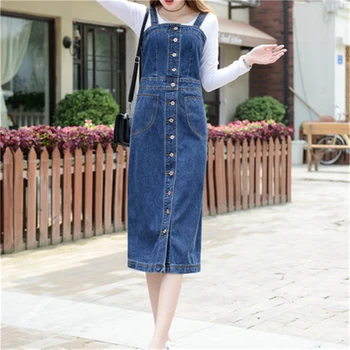 

2020 NEW Spring Autumn Vintage Single Breasted Denim Dress Women Plus size 5XL Sundress Slim Sunspender Jeans Dress Summer A79