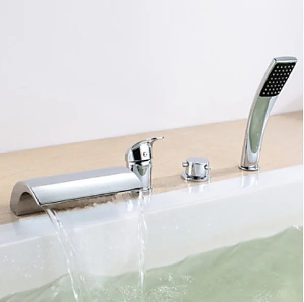 

Chrome Finish Double Handles Four Holes Tub Faucet with Hand Shower
