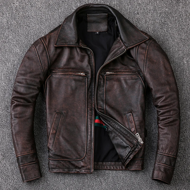 

2019 Fashion Retro Vintage Genuine Leather Jacket Men Short Lapels CowSkin Motorcycle Leather Jacket Slim Fit Biker Coat Male