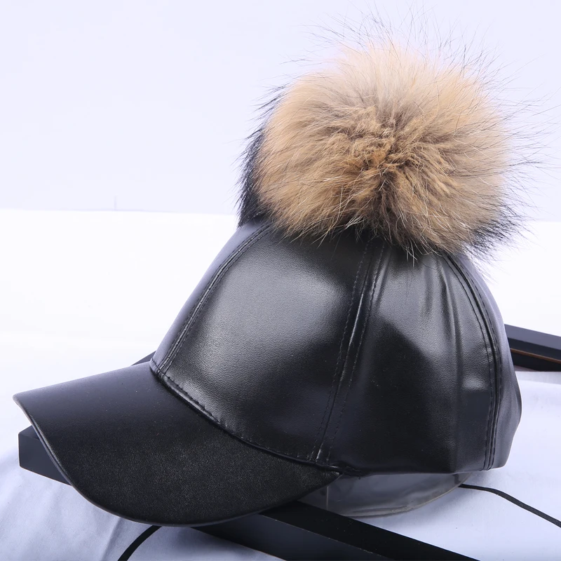 

14 Colors Fashion Real Raccoon Fur Pompoms Hats Hip Hop candy color PU Leather Baseball Cap women Fur Pom Pom Snapback Hat Caps