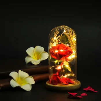 

Home Decoration Desktop Ornament Silk Rose Lily Light with Fallen Petals in a Glass Dome on a Wooden Base Mini Home Decor
