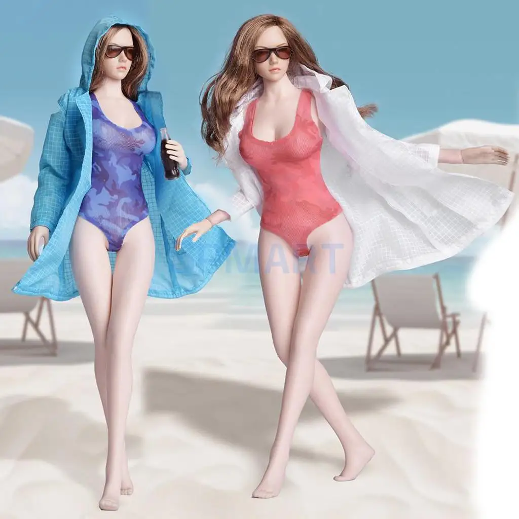 

2 Sets 1/6 Scale Summer Beach Sun Protective Coat and One-piece Swimsuit Set for 12'' Female Action Figure Clothes Blue+White