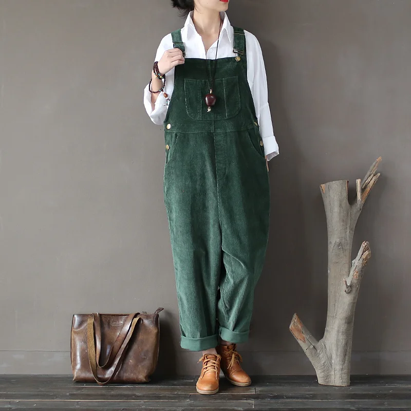 

Preppy Style Vintage Cotton Corduroy Thick Casual Pants Lady Loose Wide Leg Full Length Capris Trousers Women Overalls