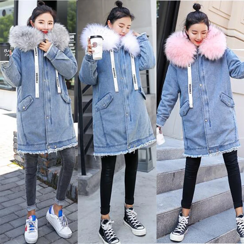 2018 New Warm Winter Bomber Women Hooded Coat Jeans Denim Jackets Thick Cotton Long Basic Ladies Top Windbreaker Female Large