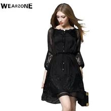 Элегантное платье с рукавами-фонариками 3/4, повседневное женское платье, Цветочная вышивка кружевом, платья с прозрачным алиновым узором