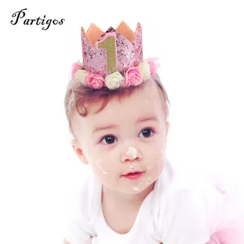 

2 style rose gold and pink Party Hats with gold number Decor Cap Princess Crown 0-3 Year Old Number Baby Kids Hair Accessory