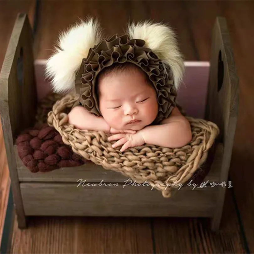 Новорожденный Чепчик Для Девочки ручной работы с рюшами медведь шляпа Mauve шапка для Животного Baby Pom шапочка с помпоном новорожденный фотосессия Реквизит Baby Shower подарок