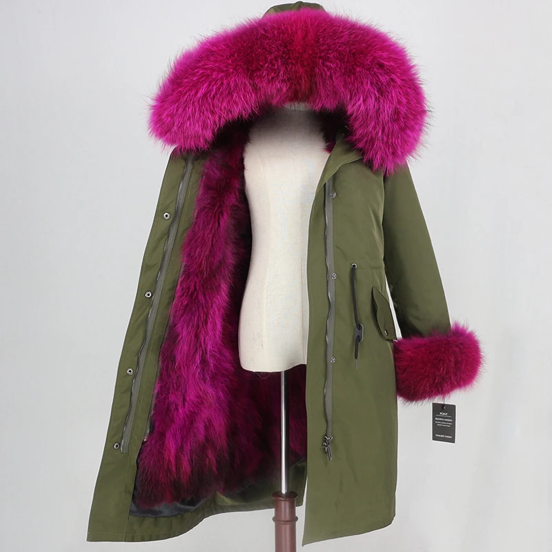Зимняя женская куртка X-long Parka из водонепроницаемой ткани, пальто из натурального меха енота, воротник из натурального меха енота, капюшон, манжеты, подкладка из лисьего меха, съемная - Цвет: green rose