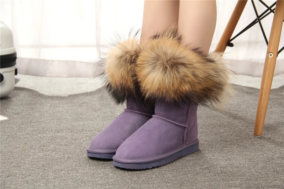 MBR FORCE Fashion Women's Natural Real fox Fur Snow Boots Genuine Cow Leather women Boots Female Warm Winter Boots Shoes