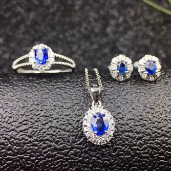 

Sapphire jewelry set Free shipping Real natural sapphire 1pair stud earring 1pc pendant 1pc ring 925 sterling silver #SB18120902