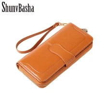 ShunvBasha 100% Huile Cire Peau de Vache En Cuir Femmes Portefeuille Poche pour Téléphone sac à Main Pochette Femelle Détenteur de la Carte Dame D’embrayage Carteira Feminina