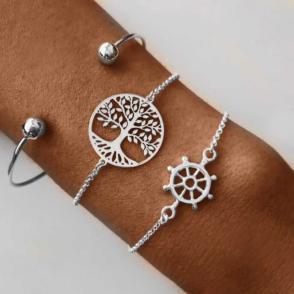 

3Pcs/Set Minimalist Tree of Life Bracelet & Bangles Silver Multilayer Rudder Simple Jewelry for Womem Jewelry Gift