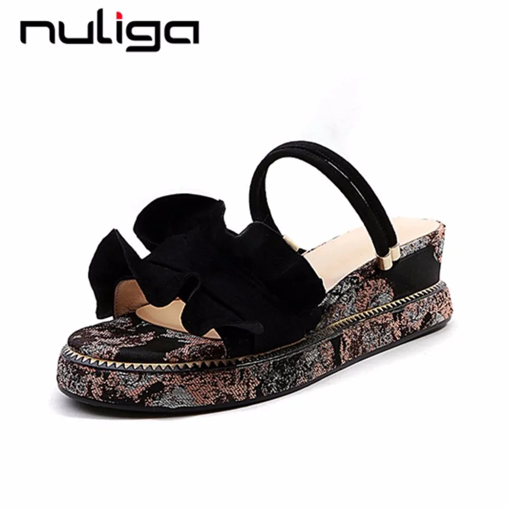 

Nuliga korean girls genuine leather peep toe slip on med bottom ruffle folds elegant lady sweet fairy mules woman sandals L89