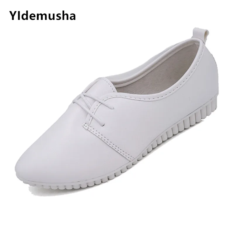 

New 2019 Spring Summer New Women Flats Casual PU Leather Shoes For Women Flat Shoes White Ladies Lacing Driving Loafers Shoes