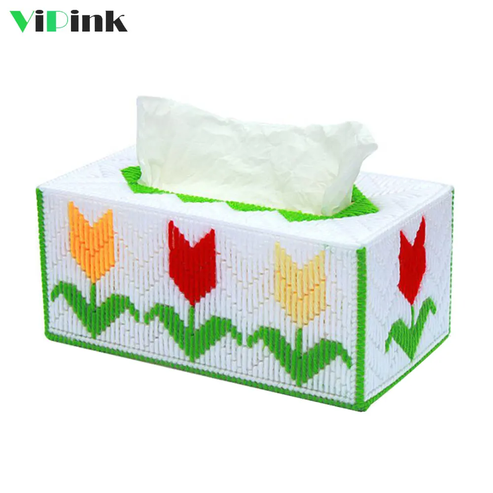 

3D Embroidery DIY Chinese Cross Stitch Tissue Box Cover Handmade Tulip Removable Tissue Case Napkin Holder Box Kitchen Storage