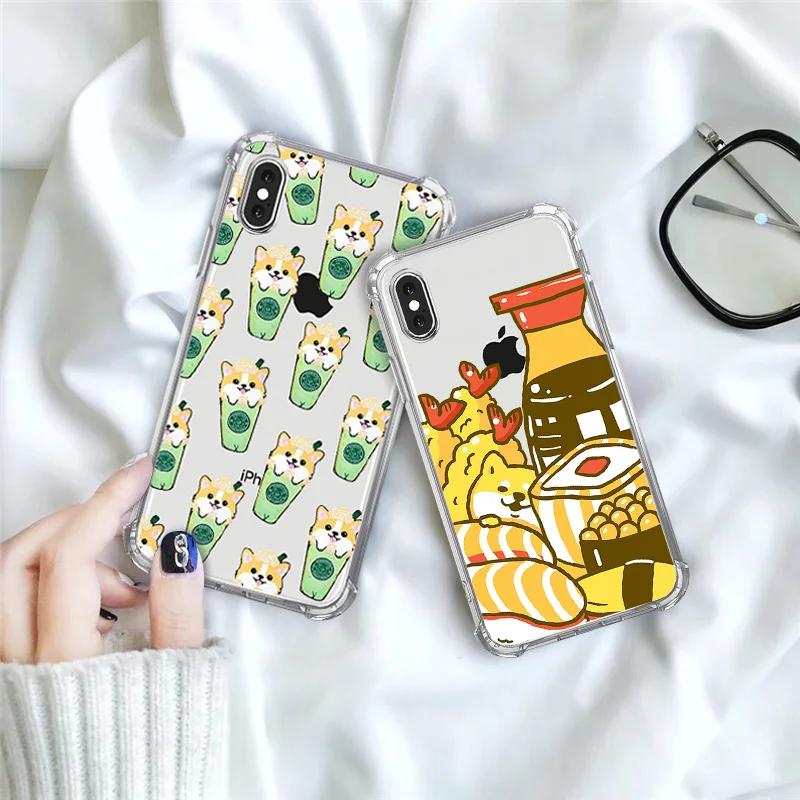 For iPhone 6 S 7 8 Plus xs max x xr Case Soft Silicone Transparent Phone Shiba Inu Four Corner Protection Airbag Cute Cover |