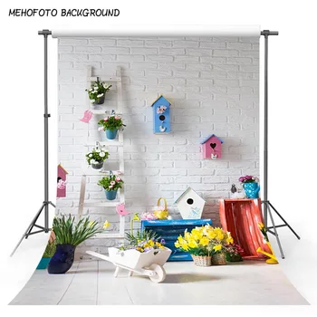 

Vinyl Photography Background White Brick Wall Garden Flower Ladder Scenic Children Backdrops for Photo Studio S-3069