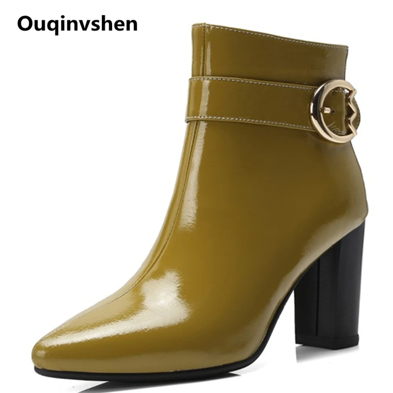 

Ouqinvshen Buckle Strap Yellow High Heels Ankle Boots Fashion Thick Heels Zipper Autumn Women Winter Shoes Pointed Toe Pumps