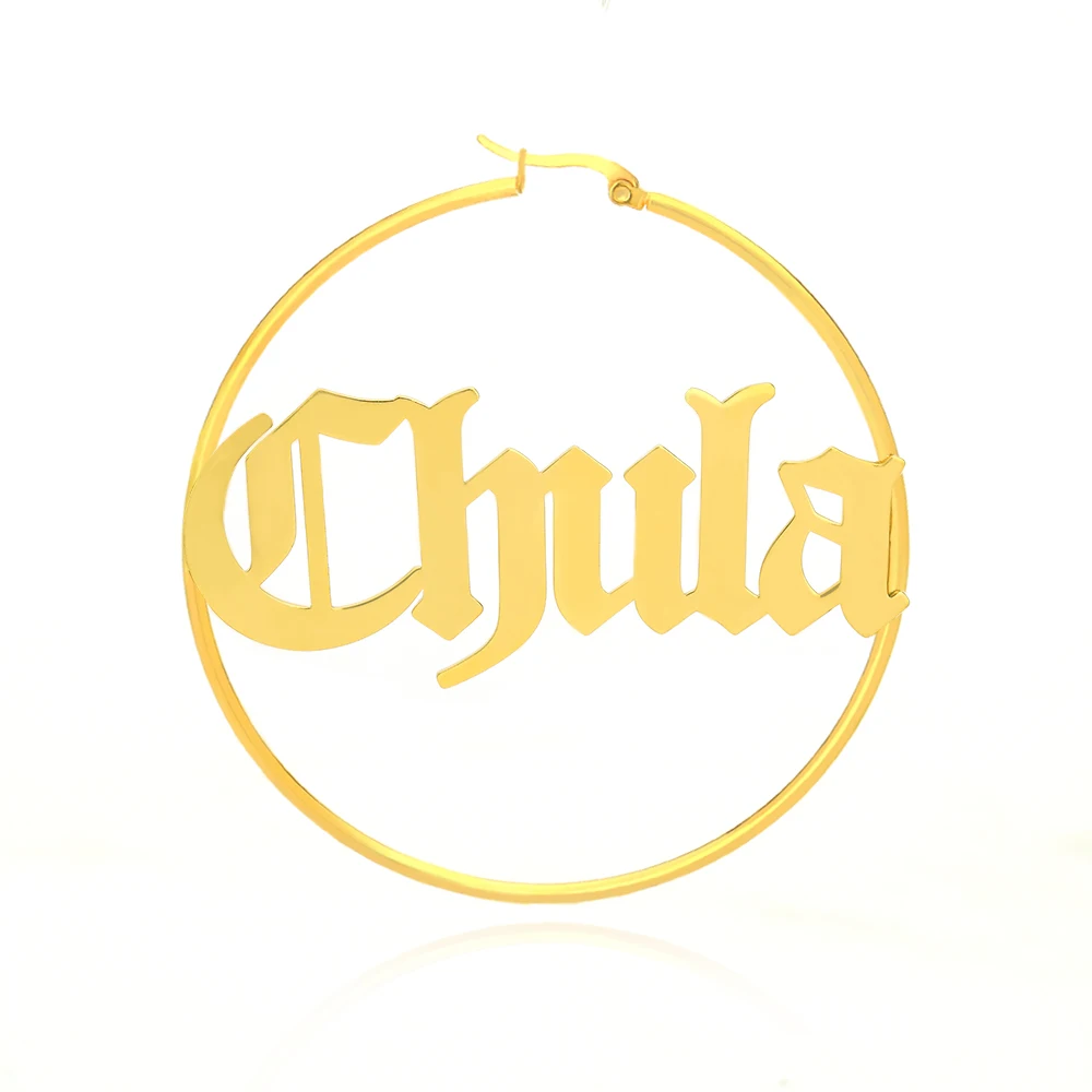 

Personalized Women Big Earrings Custom Any Name Jewelry Old English Font Stainless Steel Circle Round Pendientes Mujer Gift