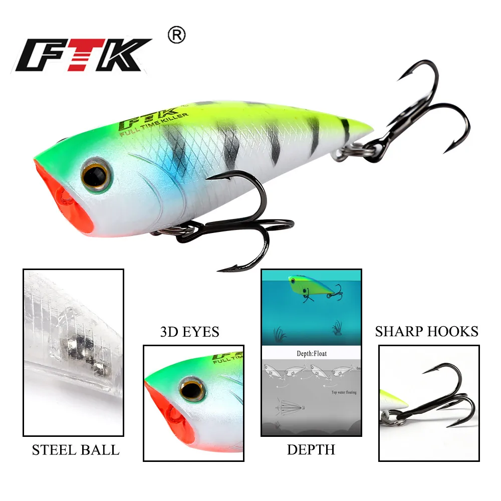 

FTK 3D Lifelike Eyes Popper Fishing Lure 70mm 6#high carbon steel Treble hook Crankbait Wobblers Tackle Floating Topwater