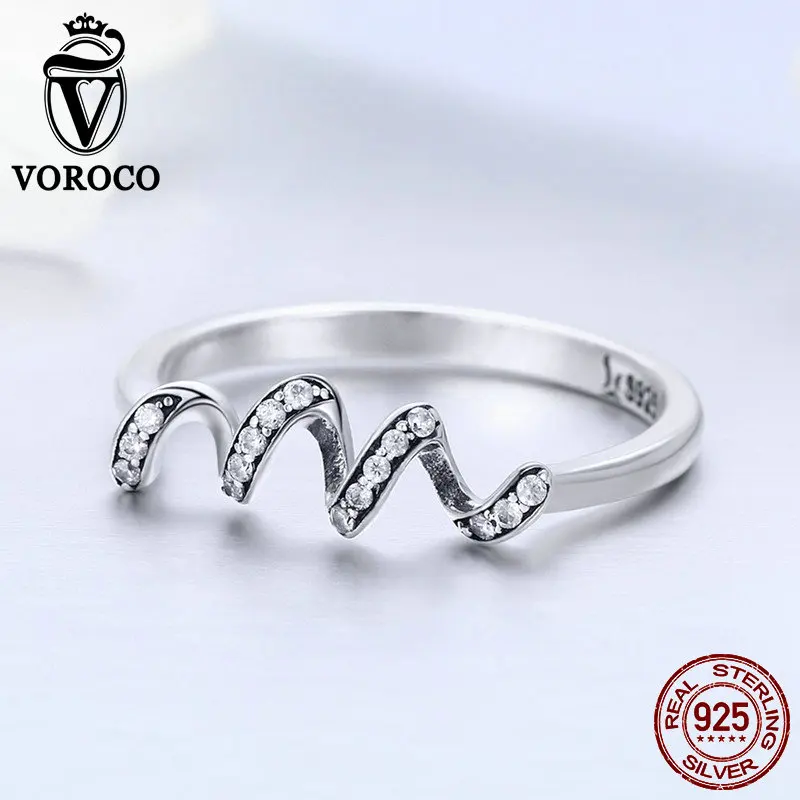 VOROCO Мода Heart Beat кольца для Для женщин 3A Циркон реального 925 пробы серебра волна