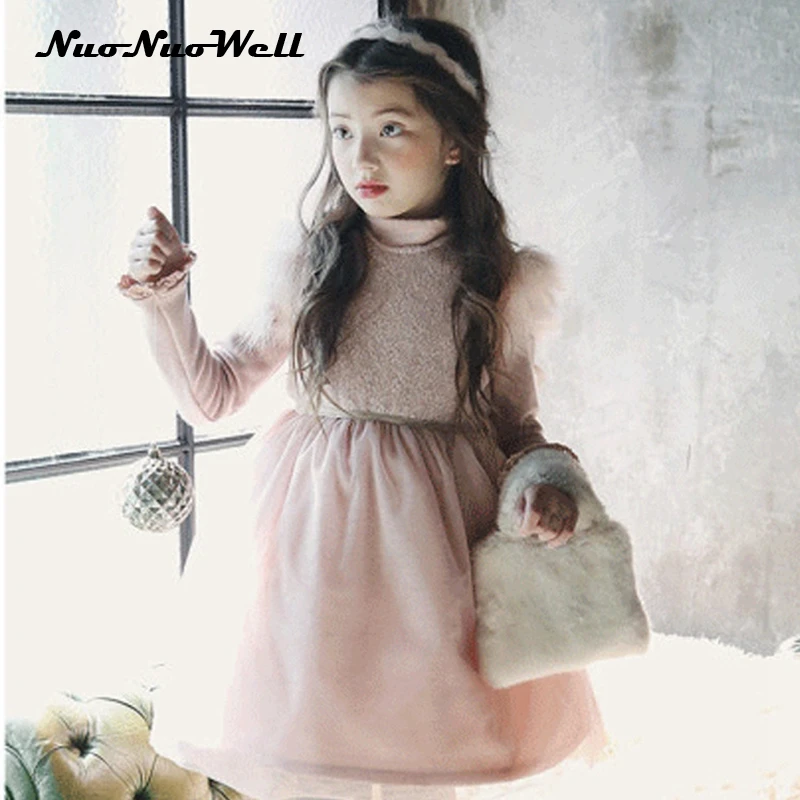 

2 Pcs Girls Clothing Sets Baby Girls Party Dress Children Winter Clothe Thick Princess Dresses Kids T-shirt+Sleevness Dress