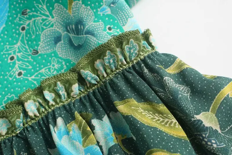 KIYUMI Dress Women Rayon Summer Dress Green Phoenix Print Mid Sleeve Ruffle Button Cardigan Loose Beach Tassel Maix Dresses