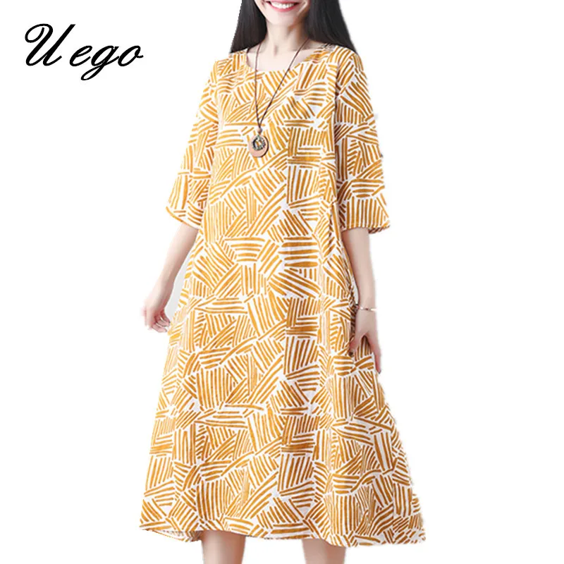 

Uego 2019 New Arrival Short Sleeve Summer Dress Cotton Linen Printing Plus Size Loose Women Casual Midi Dress Vintage Dress