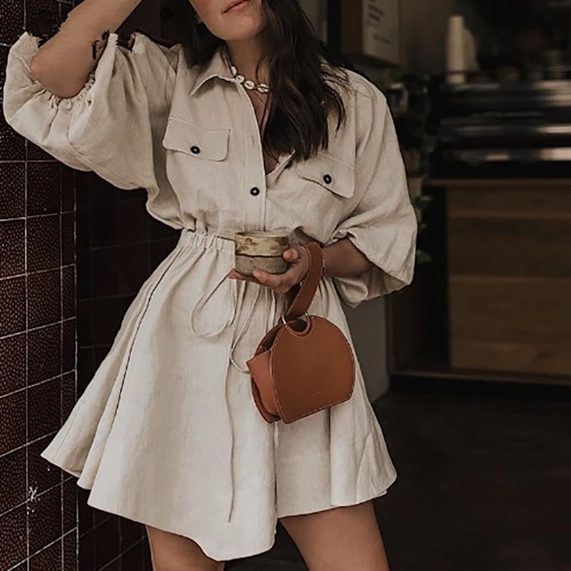 

2019 Summer Fashion Casual Loose Dress Women's Cotton A Word Lapel Dress Elegant Women Dress Vestidos