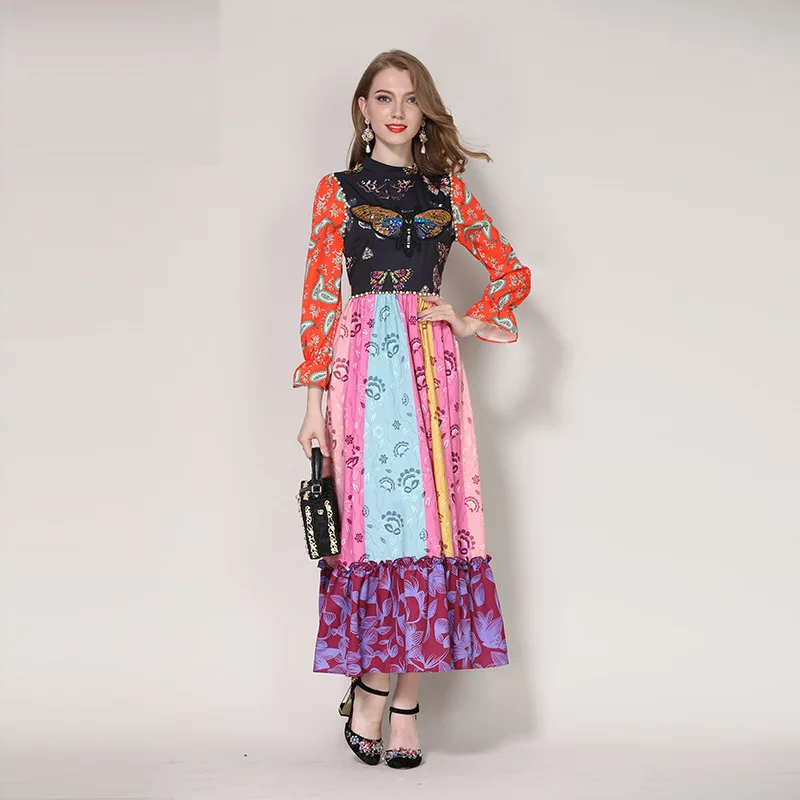 2018 Sweet Butterfly Sequined Diamond Beads Runway Dress Women's Long