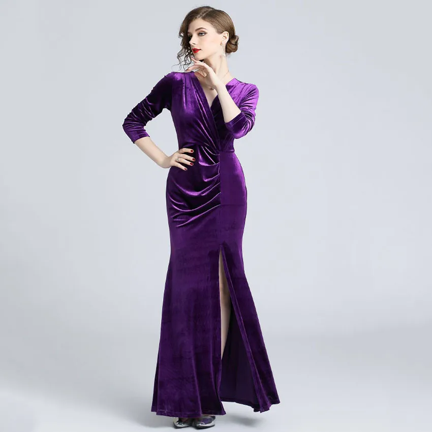 Robe Longue Femme Soiree женское платье, зимнее женское винтажное бархатное платье с длинным рукавом зеленого и красного цвета, Сексуальные вечерние платья макси - Цвет: purple