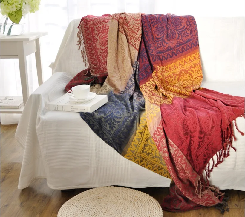 Bohemian blanket Sofa cover Jacquard knit throw Geometric carpet