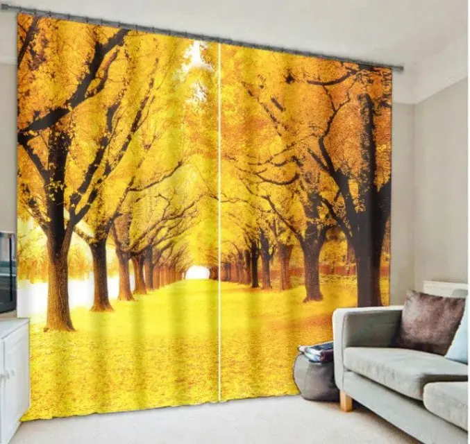 Árbol amarillo impreso de 3D Cortinas de la ventana para la ropa de cama habitación Oficina pared tapiz decorativo Cortinas