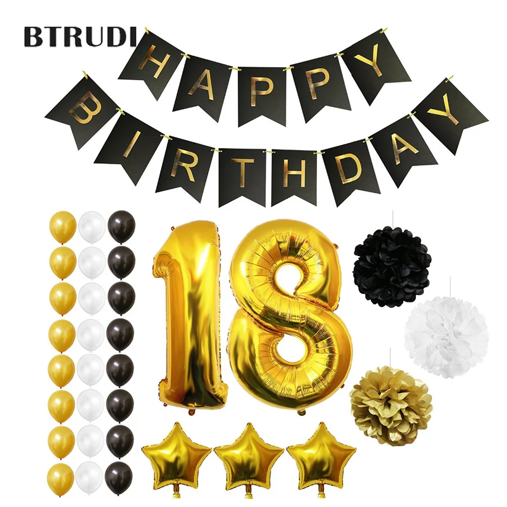 

18th Happy Birthday Party Balloons, Supplies & Decorations by Belle Vous - 32 Pc Set - Large 18 Years Foil Balloon 12" Gold