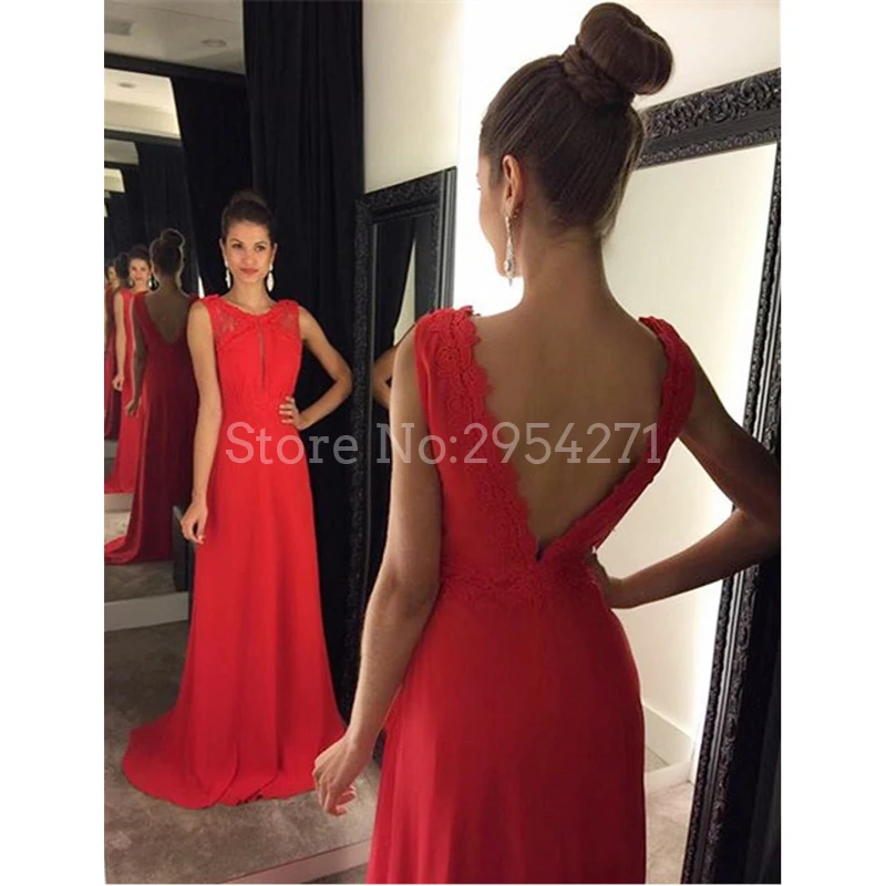 Red Long Evening Dresses A Line O-Neck Open Back Floor Length Chiffon Gowns Lace Cheap Prom Party Dress Custom Made | Свадьбы и